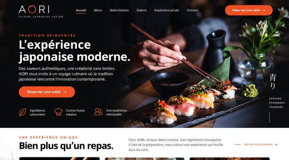 Aperçu du site AORI : cuisine japonaise, grande photographie du chef et accents orange